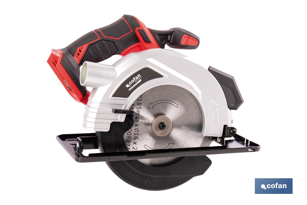 Sierra circular a batería 20 V con motor brushless | Disco de corte de Ø185 mm | 3650 rpm | Corte de profundidad hasta 50 mm | Incluye accesorios | Disponible con y sin batería y cargador - Cofan