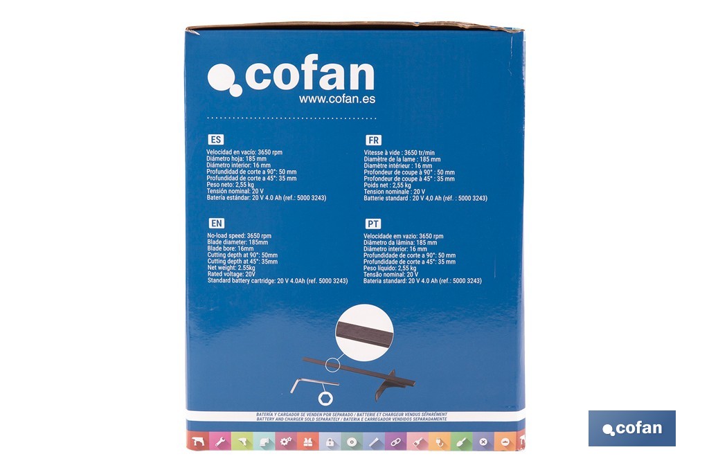 Sierra circular a batería 20 V con motor brushless | Disco de corte de Ø185 mm | 3650 rpm | Corte de profundidad hasta 50 mm | Incluye accesorios | Disponible con y sin batería y cargador - Cofan