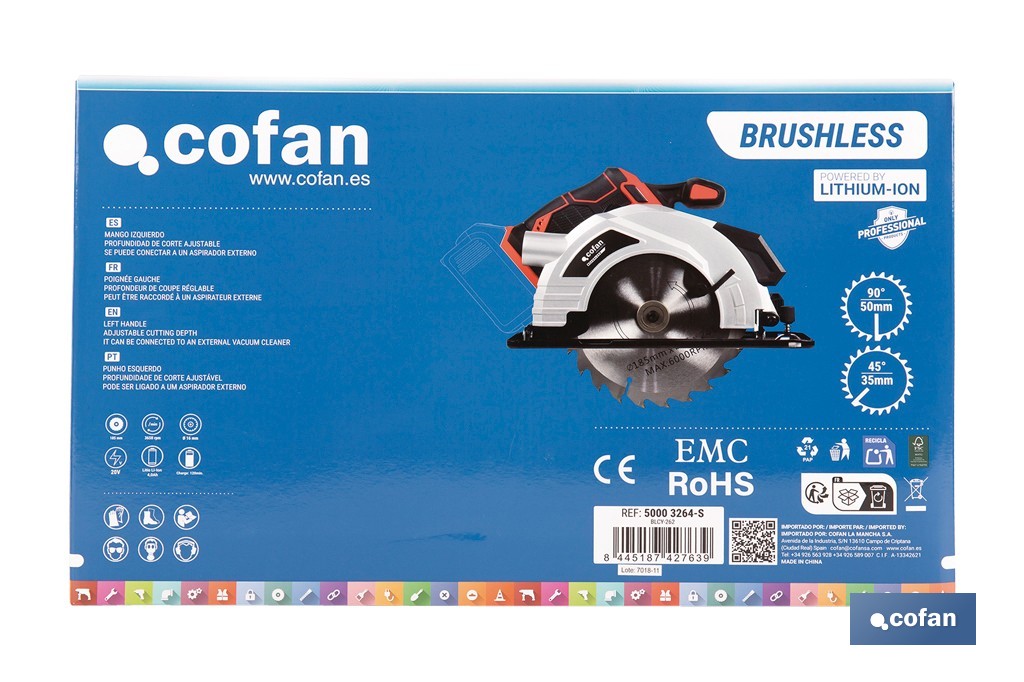 Sierra circular a batería 20 V con motor brushless | Disco de corte de Ø185 mm | 3650 rpm | Corte de profundidad hasta 50 mm | Incluye accesorios | Disponible con y sin batería y cargador - Cofan