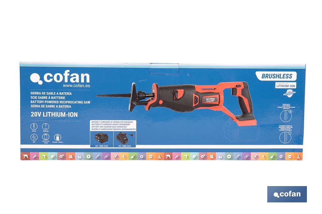 Sierra de sable a batería con motor brushless | Potencia: 20 V | Velocidad variable | Corte en madera y metal | Disponible con y sin batería y cargador - Cofan