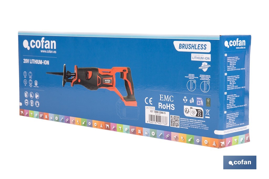 Sierra de sable a batería con motor brushless | Potencia: 20 V | Velocidad variable | Corte en madera y metal | Disponible con y sin batería y cargador - Cofan