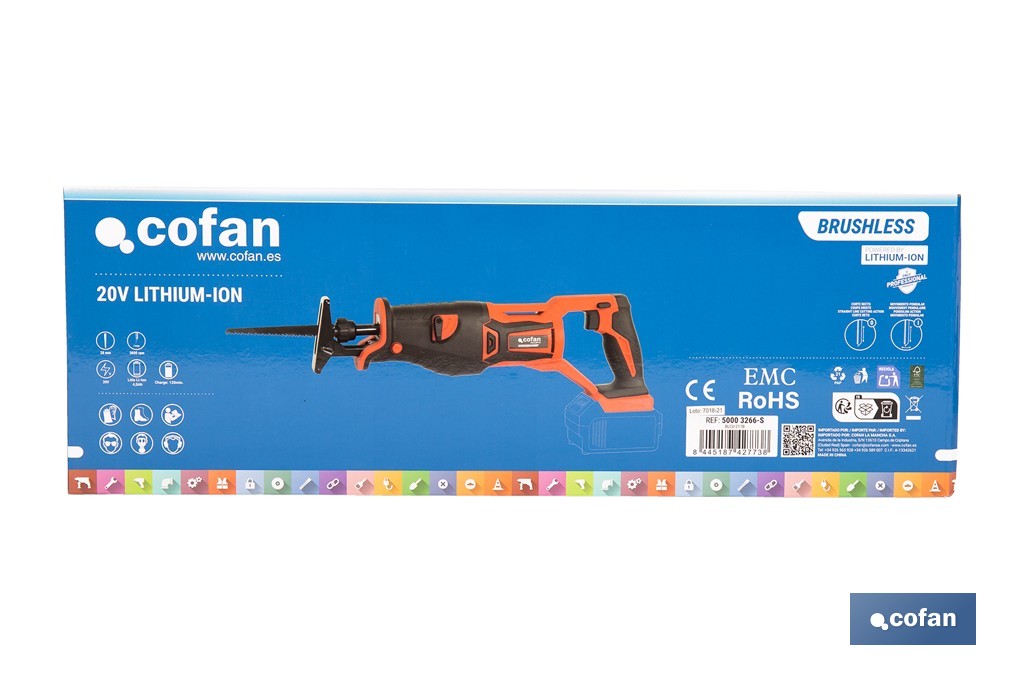 Sierra de sable a batería con motor brushless | Potencia: 20 V | Velocidad variable | Corte en madera y metal | Disponible con y sin batería y cargador - Cofan