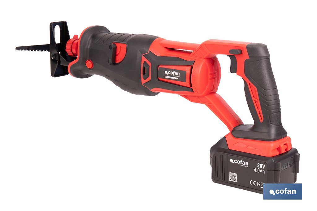 Sierra de sable a batería con motor brushless | Potencia: 20 V | Velocidad variable | Corte en madera y metal | Disponible con y sin batería y cargador - Cofan