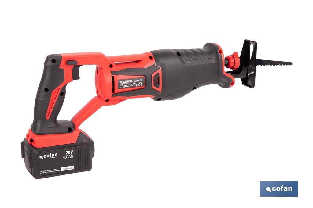 Sierra de sable a batería con motor brushless | Potencia: 20 V | Velocidad variable | Corte en madera y metal | Disponible con y sin batería y cargador - Cofan