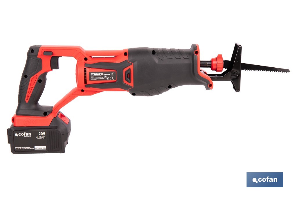 Sierra de sable a batería con motor brushless | Potencia: 20 V | Velocidad variable | Corte en madera y metal | Disponible con y sin batería y cargador - Cofan