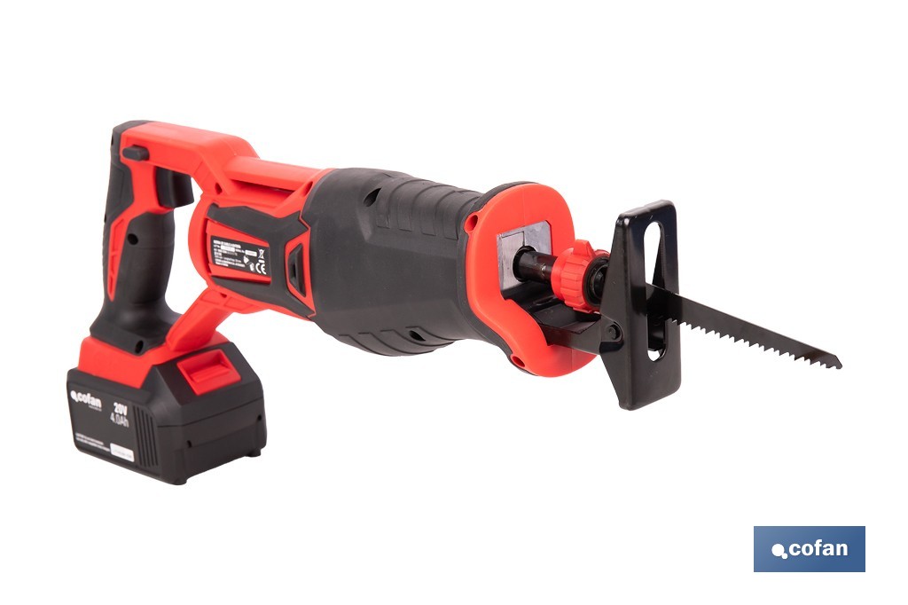 Sierra de sable a batería con motor brushless | Potencia: 20 V | Velocidad variable | Corte en madera y metal | Disponible con y sin batería y cargador - Cofan