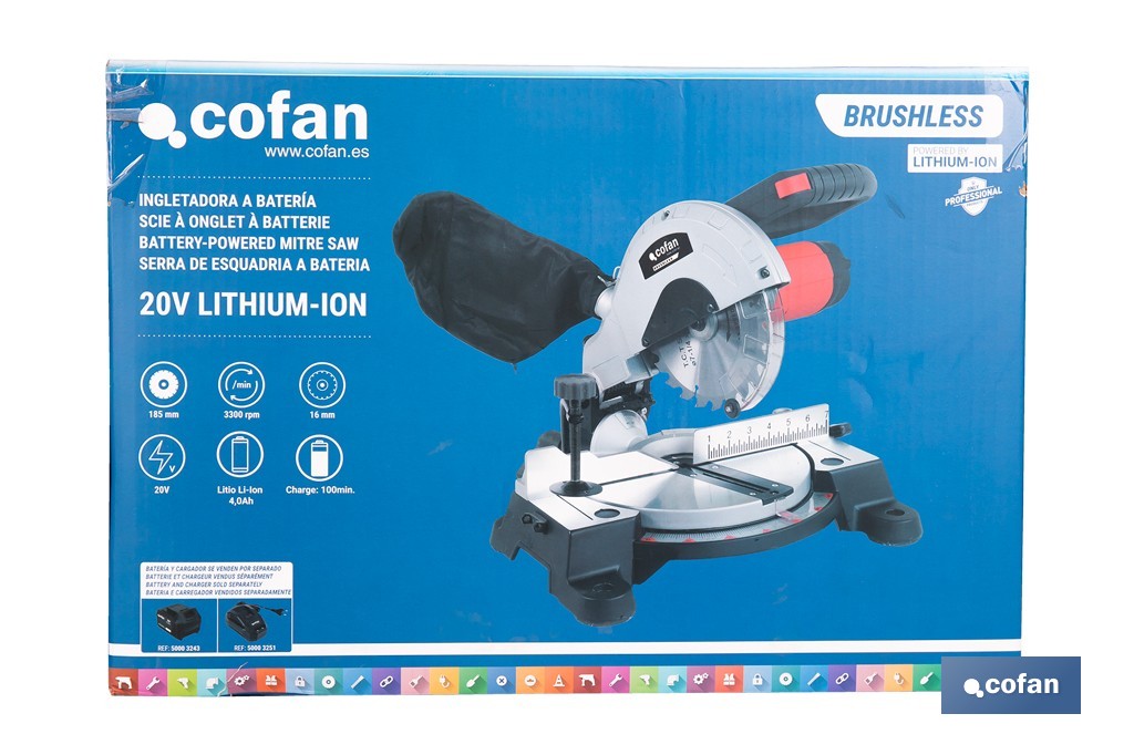 Ingletadora a batería 20 V con motor brushless | Corte máx. 105 mm, inclinación -45°/+45°, velocidad 3200 rpm | Incluye bolsa de polvo | Disponible con y sin batería y cargador - Cofan
