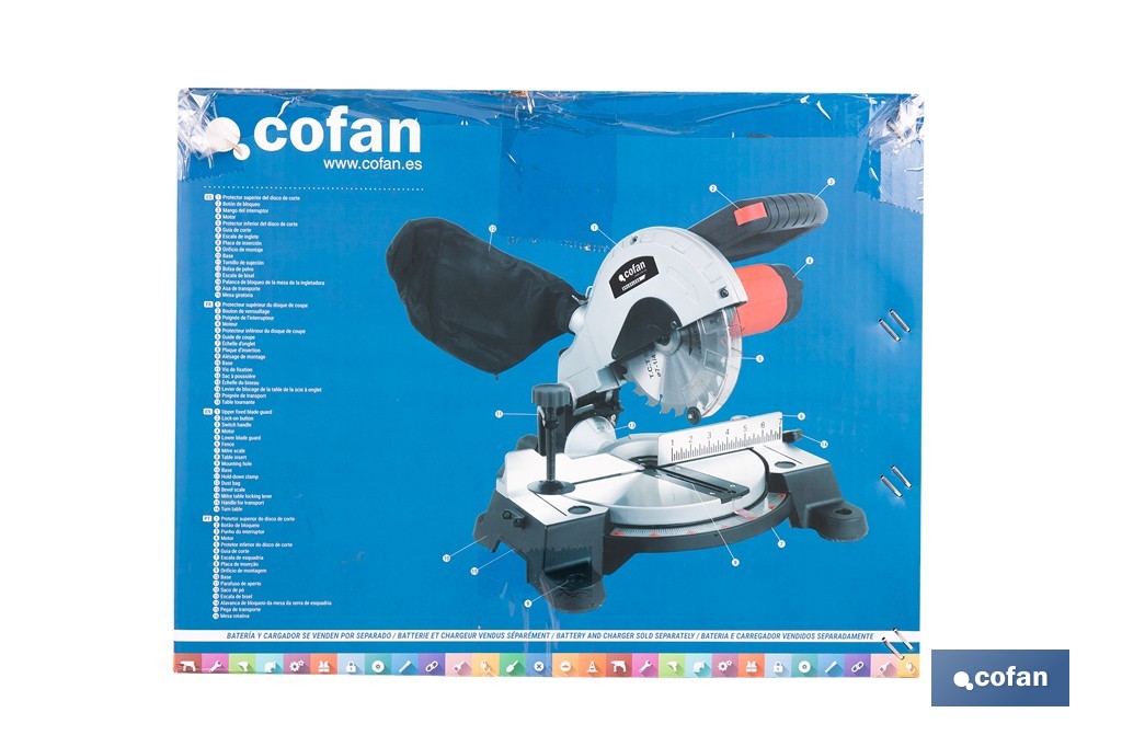 Ingletadora a batería 20 V con motor brushless | Corte máx. 105 mm, inclinación -45°/+45°, velocidad 3200 rpm | Incluye bolsa de polvo | Disponible con y sin batería y cargador - Cofan