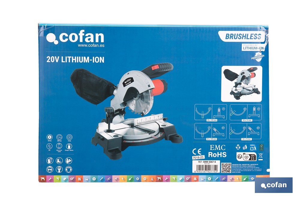 Ingletadora a batería 20 V con motor brushless | Corte máx. 105 mm, inclinación -45°/+45°, velocidad 3200 rpm | Incluye bolsa de polvo | Disponible con y sin batería y cargador - Cofan