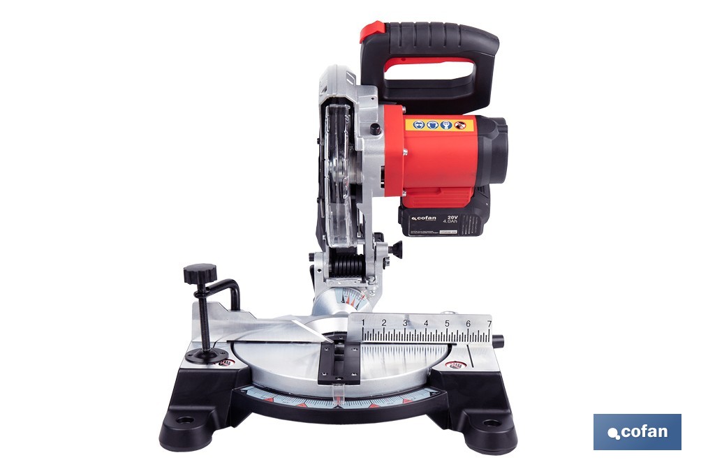 Ingletadora a batería 20 V con motor brushless | Corte máx. 105 mm, inclinación -45°/+45°, velocidad 3200 rpm | Incluye bolsa de polvo | Disponible con y sin batería y cargador - Cofan
