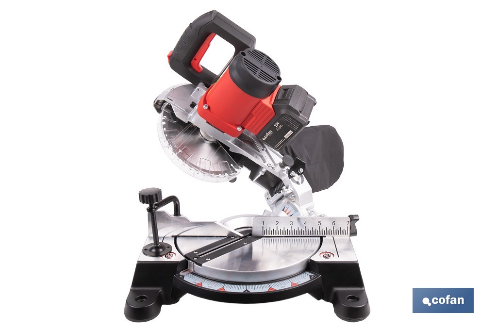 Ingletadora a batería 20 V con motor brushless | Corte máx. 105 mm, inclinación -45°/+45°, velocidad 3200 rpm | Incluye bolsa de polvo | Disponible con y sin batería y cargador - Cofan