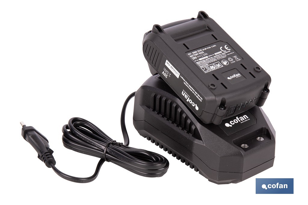 Pack de cargador 20 V 2.4 A + Batería 20 V 2.0 Ah Li-Ion | Compatible con sistema 1 for All | Protección contra sobrecarga y larga duración - Cofan