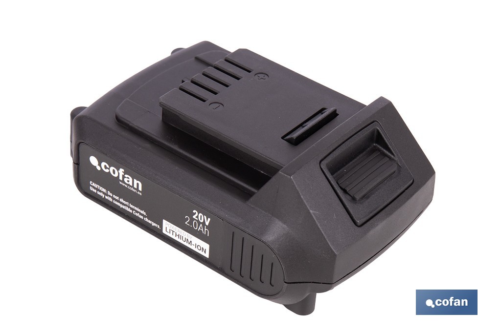 Pack de cargador 20 V 2.4 A + Batería 20 V 2.0 Ah Li-Ion | Compatible con sistema 1 for All | Protección contra sobrecarga y larga duración - Cofan
