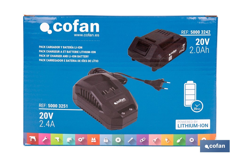Pack de cargador 20 V 2.4 A + Batería 20 V 2.0 Ah Li-Ion | Compatible con sistema 1 for All | Protección contra sobrecarga y larga duración - Cofan