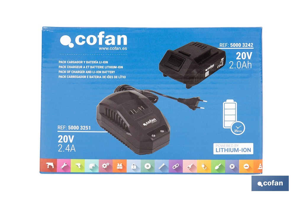 Pack de cargador 20 V 2.4 A + Batería 20 V 2.0 Ah Li-Ion | Compatible con sistema 1 for All | Protección contra sobrecarga y larga duración - Cofan