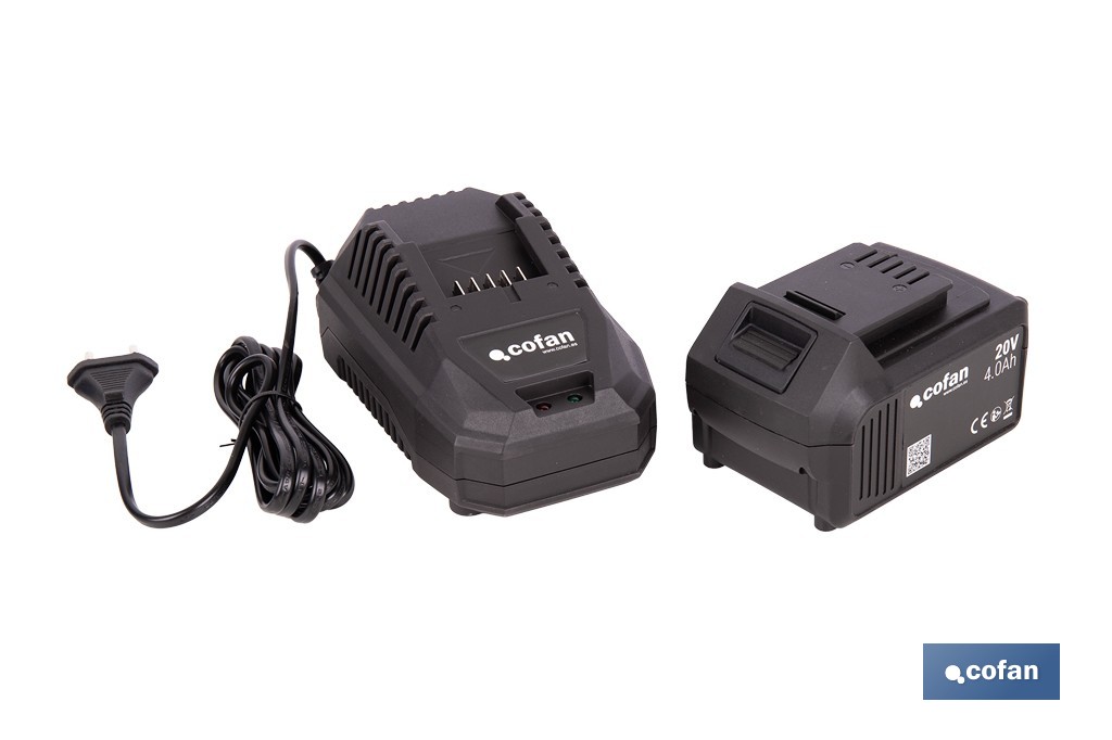Pack de cargador 20 V 4.5 A + Batería 20 V 4.0 Ah Li-Ion | Compatible con sistema 1 for All | Protección contra sobrecarga y larga duración - Cofan