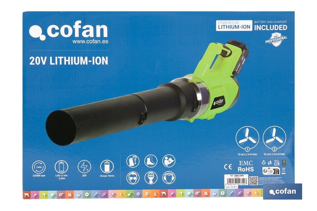 Sopladora a batería 20 V con 2 velocidades y motor de 22.500 rpm | Ligera, ergonómica y potente | Disponible con y sin batería y cargador - Cofan