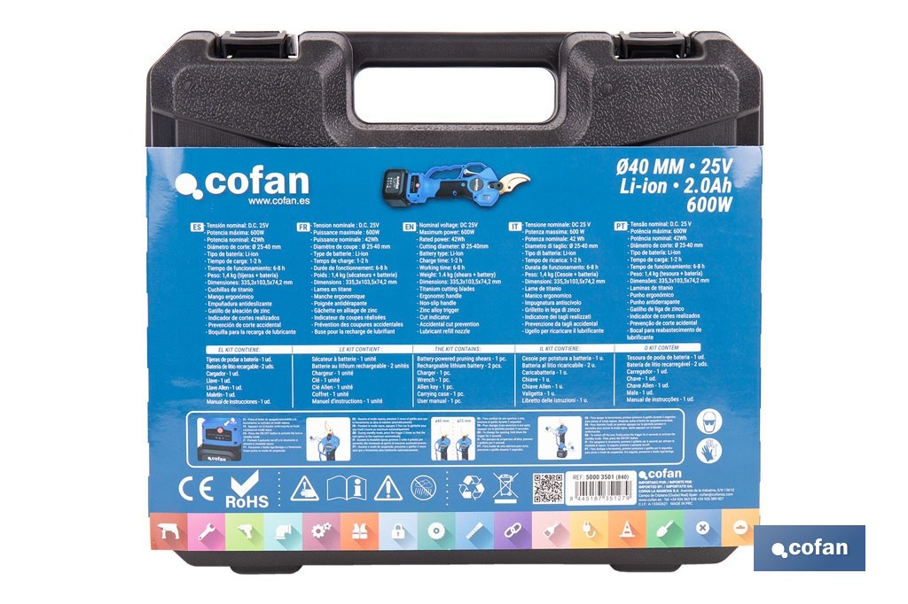 Set de tijeras de podar eléctricas 25 V con pértiga extensible 1,40-2,07 m | Incluye 2 baterías, maletín y accesorios - Cofan