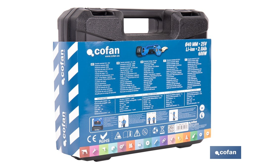 Set de tijeras de podar eléctricas 25 V con pértiga extensible 1,40-2,07 m | Incluye 2 baterías, maletín y accesorios - Cofan