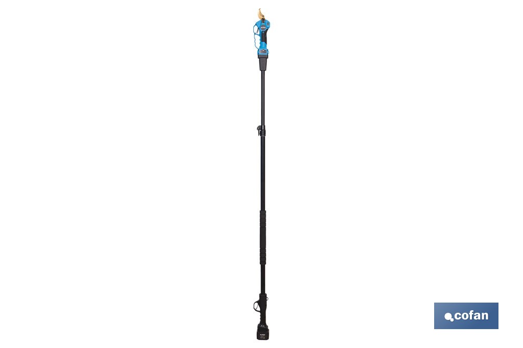 Set de tijeras de podar eléctricas 25 V con pértiga extensible 1,40-2,07 m | Incluye 2 baterías, maletín y accesorios - Cofan