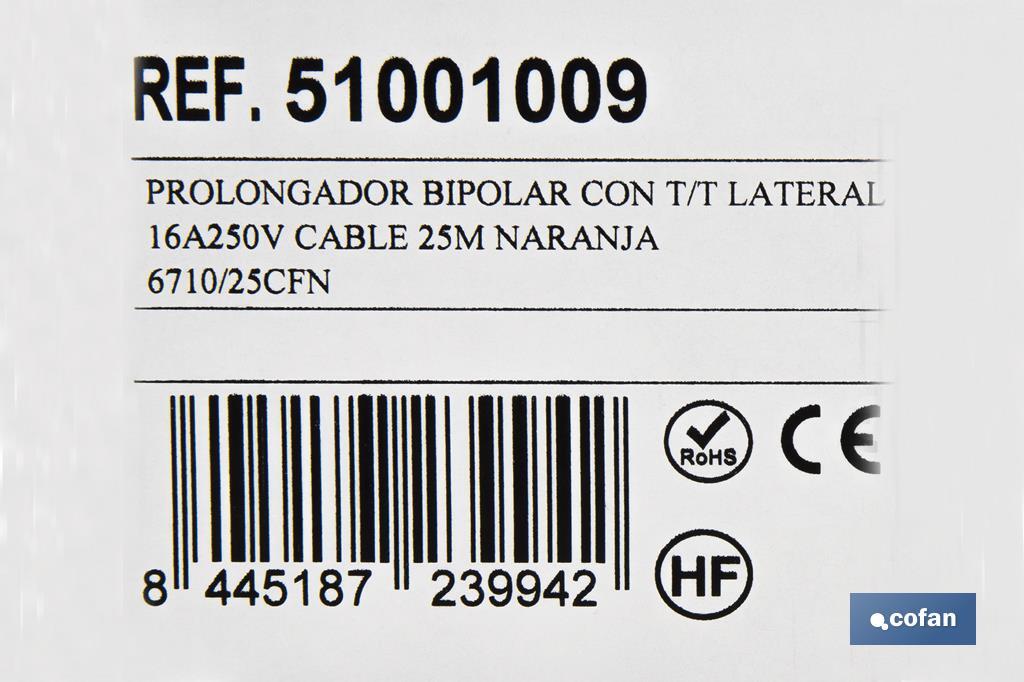 Prolongador de cable bipolar IP 44 | Con toma de tierra lateral | Cable de 10 y 25 metros color naranja - Cofan