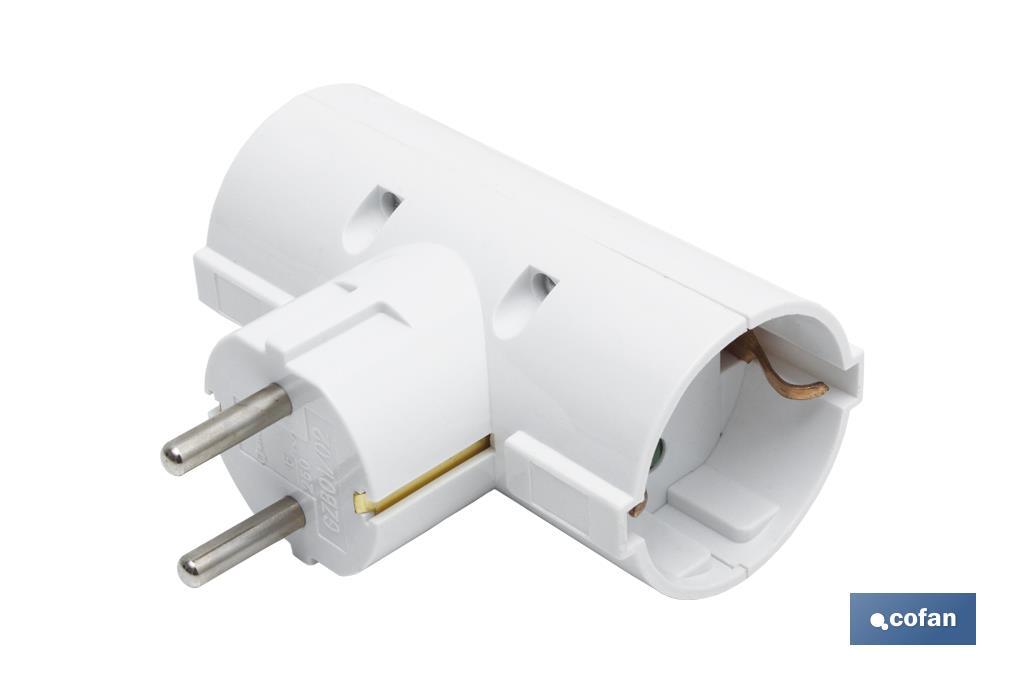 Two-way grounded Schuko socket adapter with 2 poles | White | 16A - 250V - Cofan