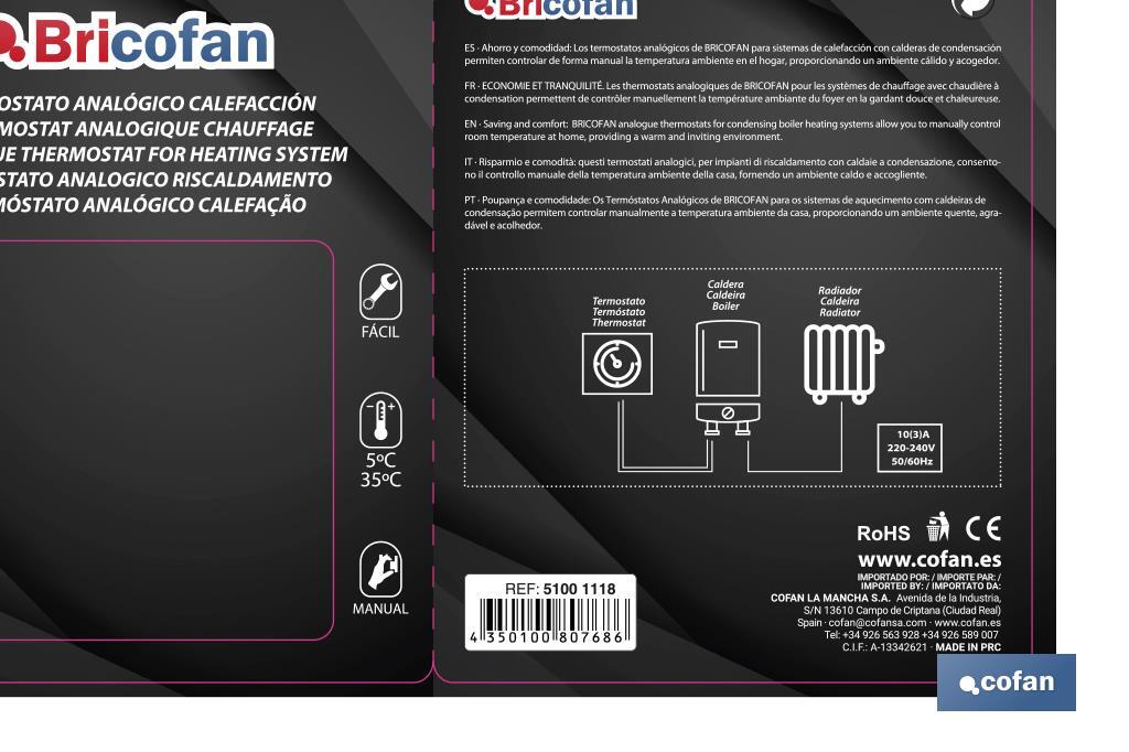 Analogue thermostat | Heating | Manual temperature control | Size: 100 x 80 x 40mm - Cofan