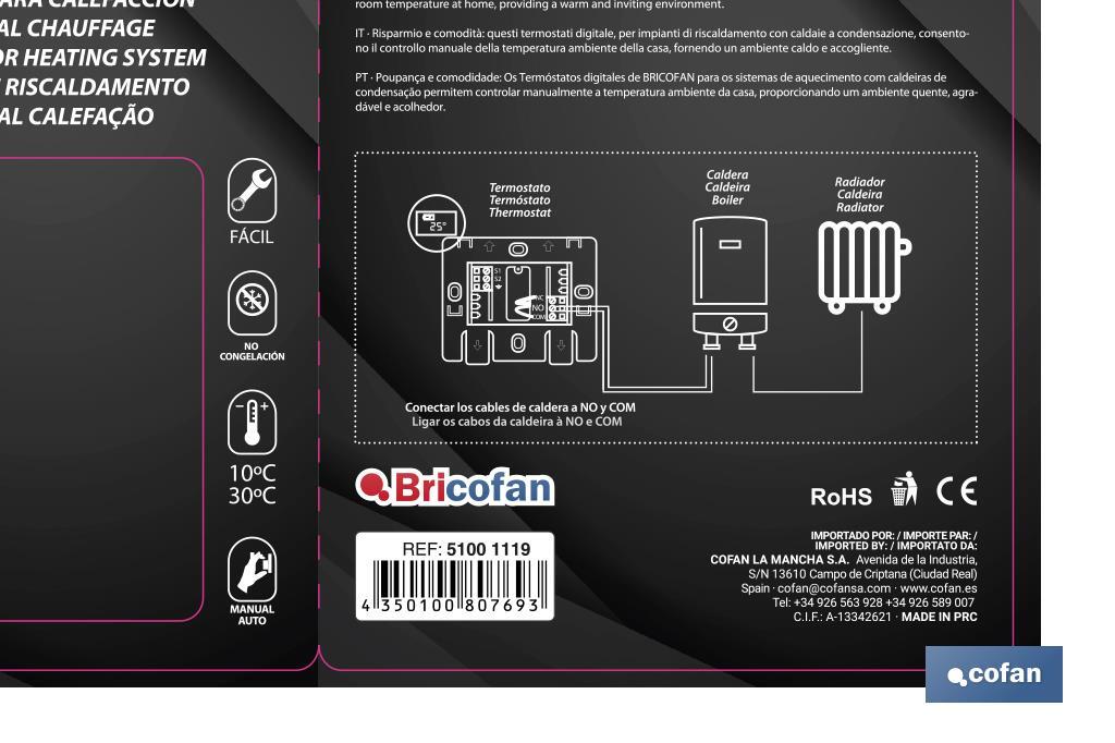 Digital thermostat | Heating | Digital temperature control | Size: 100 x 80 x 40mm - Cofan