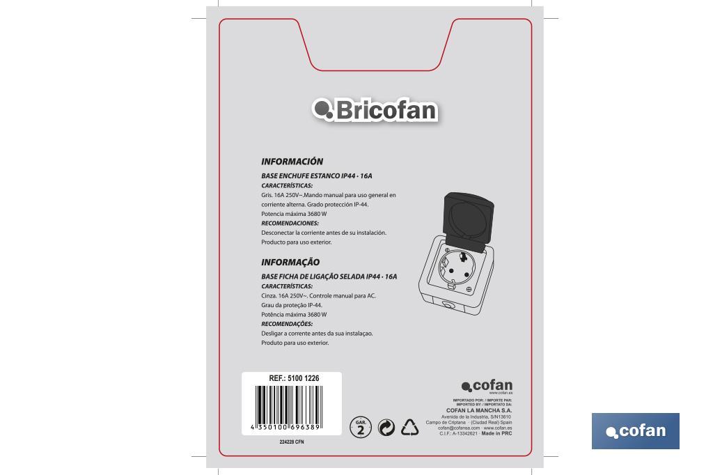 Base Enchufe con tapa IP44 | Para exteriores | 16 A - 250 V | Color gris - Cofan