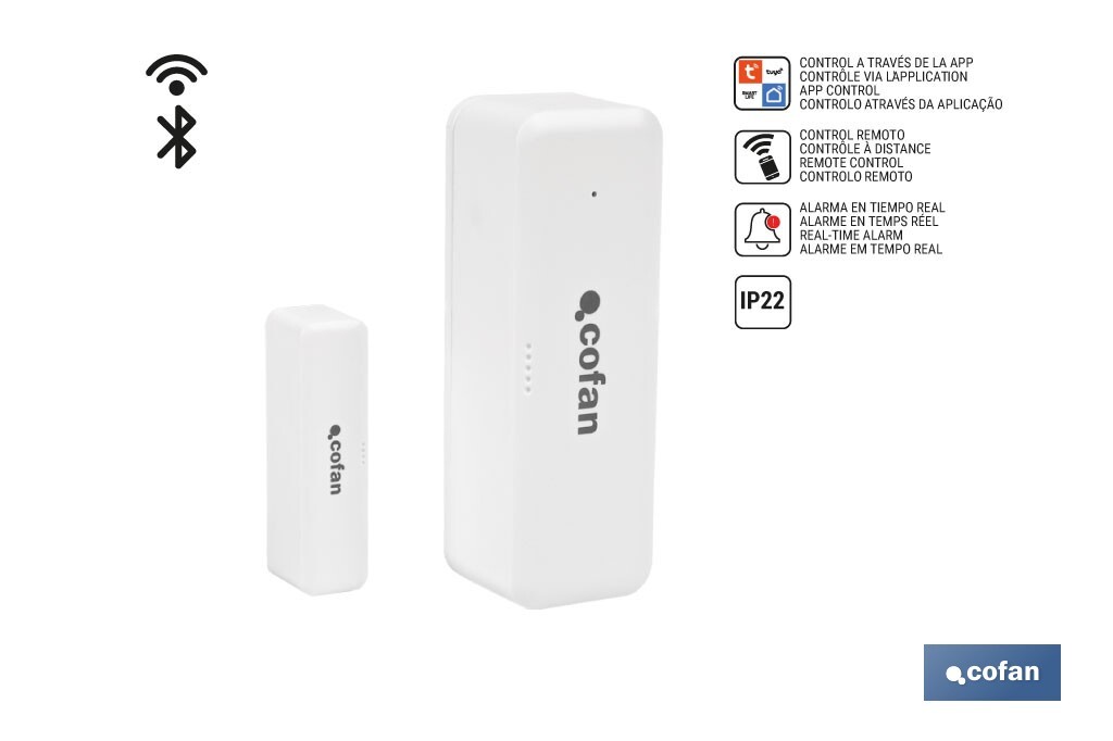 Sensor inteligente para portas e janelas | Ligação WiFi e Bluetooth | Funciona com a aplicação Smart Life ou Tuya | Compatível com Alexa e Google | Proteção anti-roubo - Cofan
