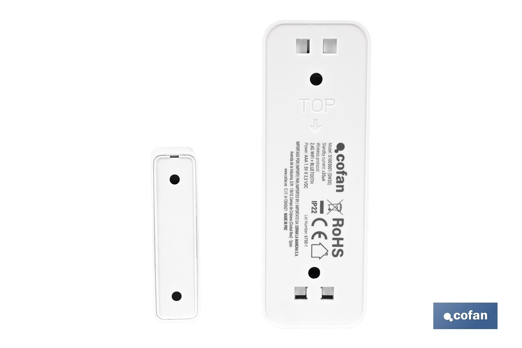 Sensor inteligente para puertas y ventanas | Conexión WiFi y Bluetooth | Funciona con aplicación Smart Life o Tuya | Compatible con Alexa y Google | Protección antirrobo - Cofan