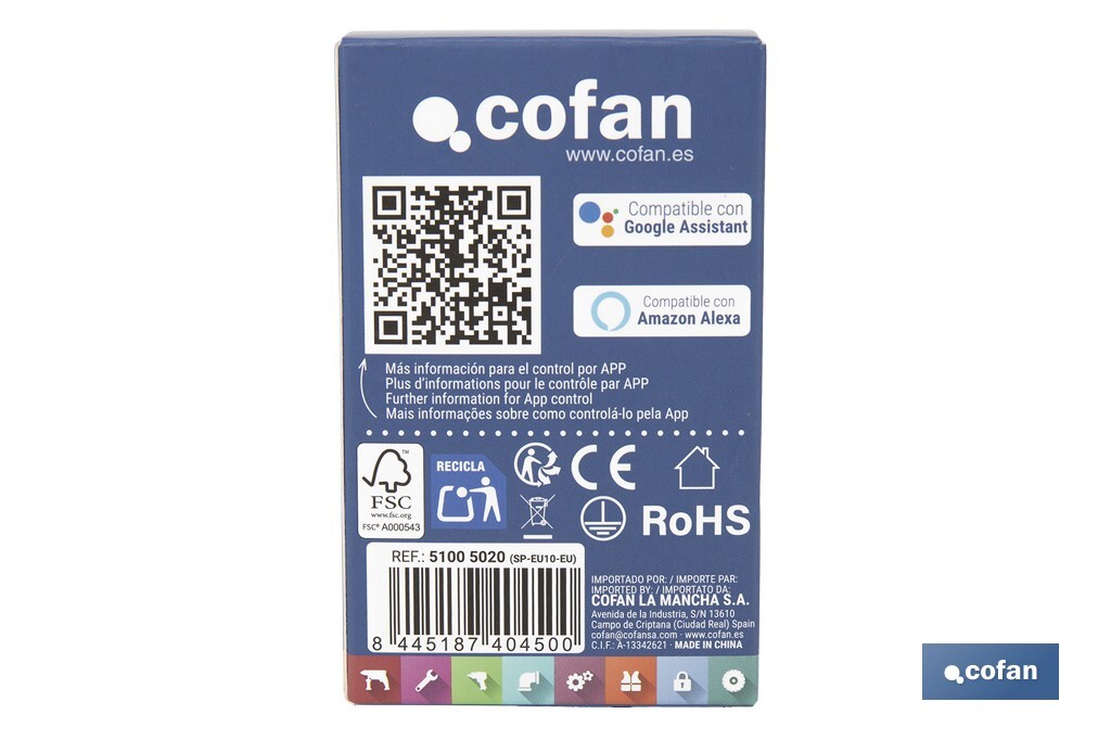 Enchufe inteligente con conexión WiFi y Bluetooth | Aplicación Smart Life o Tuya | Compatible con Alexa y Google | Control remoto | Con protección infantil - Cofan