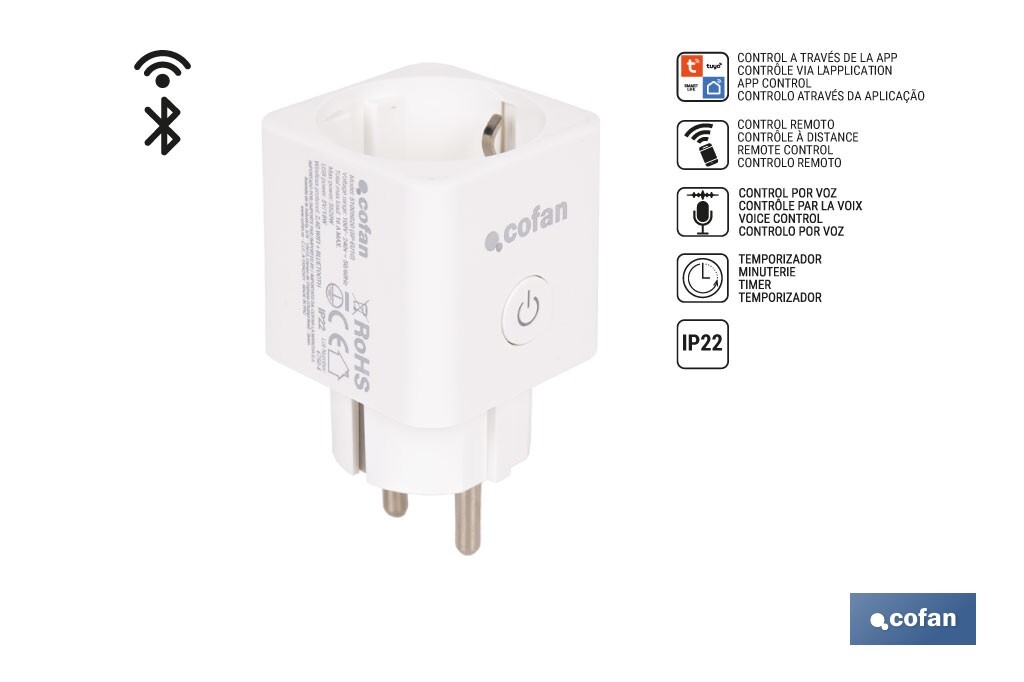 Ficha inteligente com ligação WiFi e Bluetooth | Aplicação Smart Life ou Tuya | Compatível com Alexa e Google | Controlo remoto | Com proteção infantil - Cofan