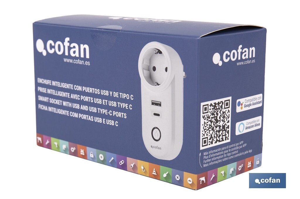 Smart plug with USB and USB-C ports | Wi-Fi and Bluetooth connection | Smart Life or Tuya Smart app | Compatible with Alexa and Google | Remote control, timer and child safety protection - Cofan