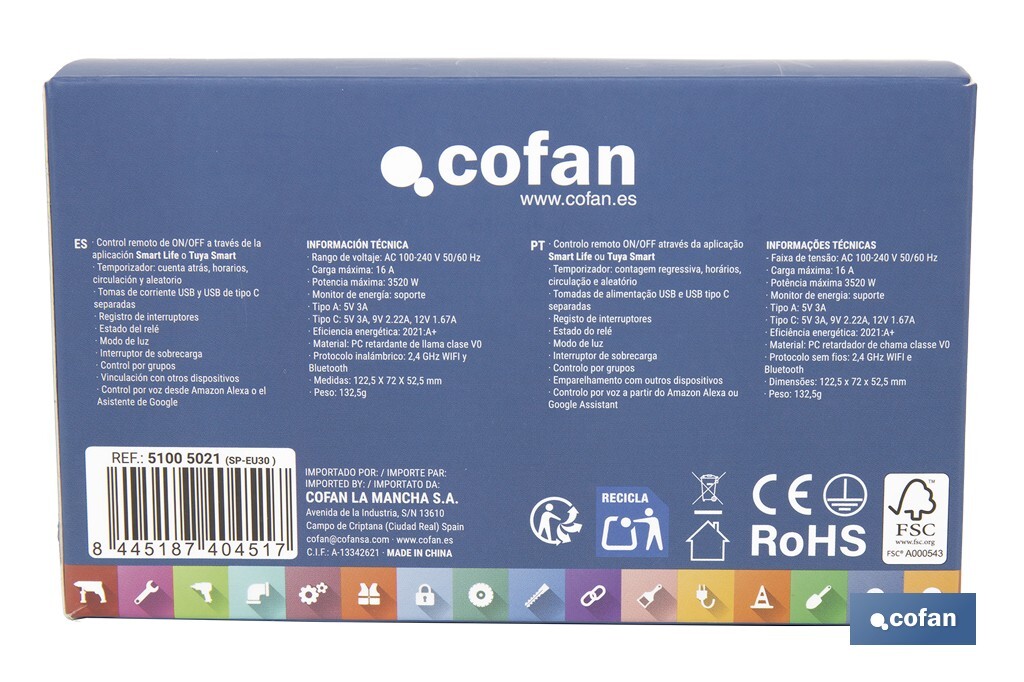 Smart plug with USB and USB-C ports | Wi-Fi and Bluetooth connection | Smart Life or Tuya Smart app | Compatible with Alexa and Google | Remote control, timer and child safety protection - Cofan