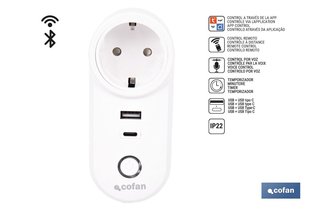 Smart plug with USB and USB-C ports | Wi-Fi and Bluetooth connection | Smart Life or Tuya Smart app | Compatible with Alexa and Google | Remote control, timer and child safety protection - Cofan