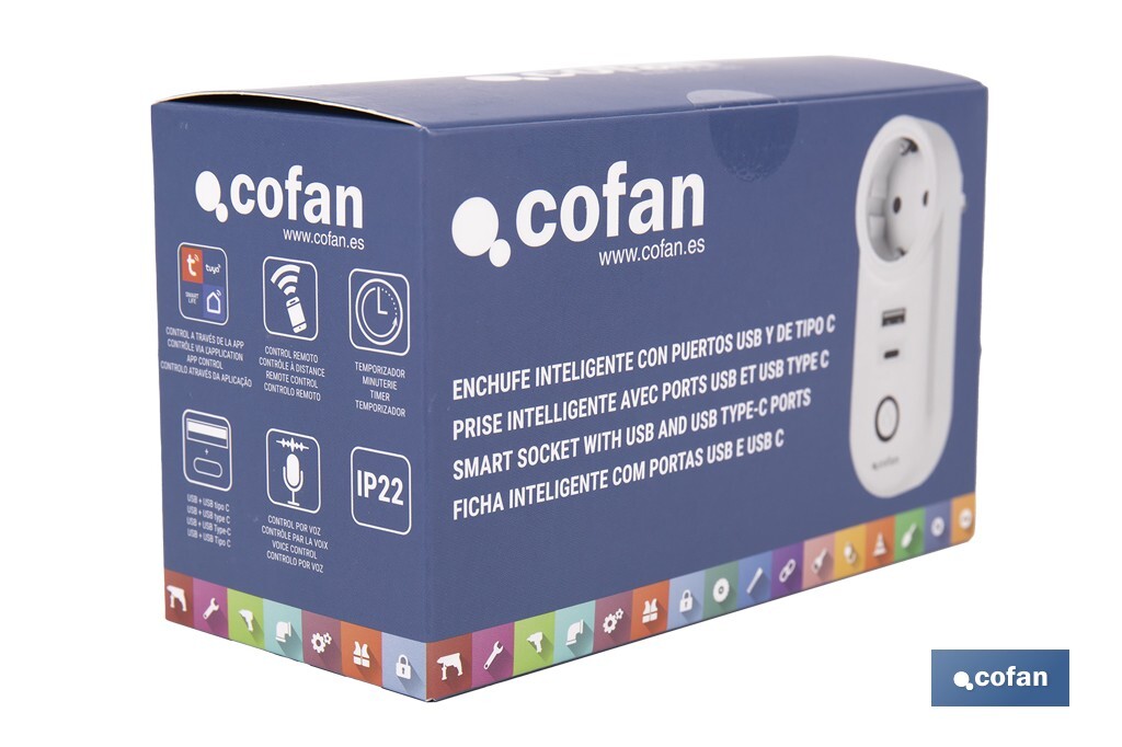 Smart plug with USB and USB-C ports | Wi-Fi and Bluetooth connection | Smart Life or Tuya Smart app | Compatible with Alexa and Google | Remote control, timer and child safety protection - Cofan