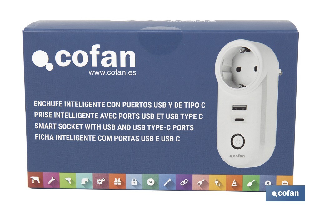 Smart plug with USB and USB-C ports | Wi-Fi and Bluetooth connection | Smart Life or Tuya Smart app | Compatible with Alexa and Google | Remote control, timer and child safety protection - Cofan