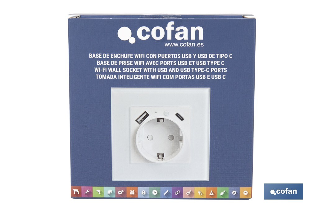 Smart socket with USB and USB-C ports | Wi-Fi and Bluetooth connection | Smart Life or Tuya Smart app | Compatible with Alexa and Google | Remote control, timer and child safety protection - Cofan