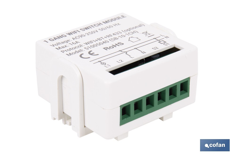 Relé individual WiFi inteligente | Automatiza interruptores o enchufes | Funcionamiento con aplicación Smart Life o Tuya | Compatible con Alexa y Google | 16 A/3520 W | Conectividad WiFi - Cofan