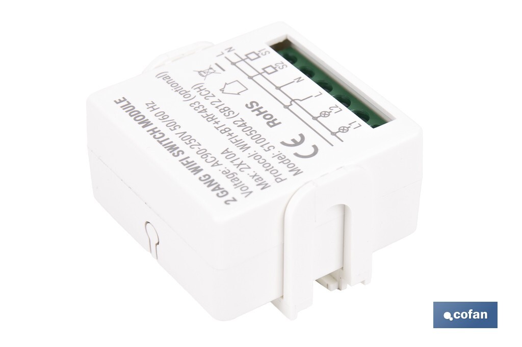 Relé inteligente de 2 interruptores WiFi | Aplicación: Smart Life o Tuya | Conectividad WiFi + Bluetooth | Para luces de hasta 10 A/150 W | Compatible con Alexa y Google - Cofan