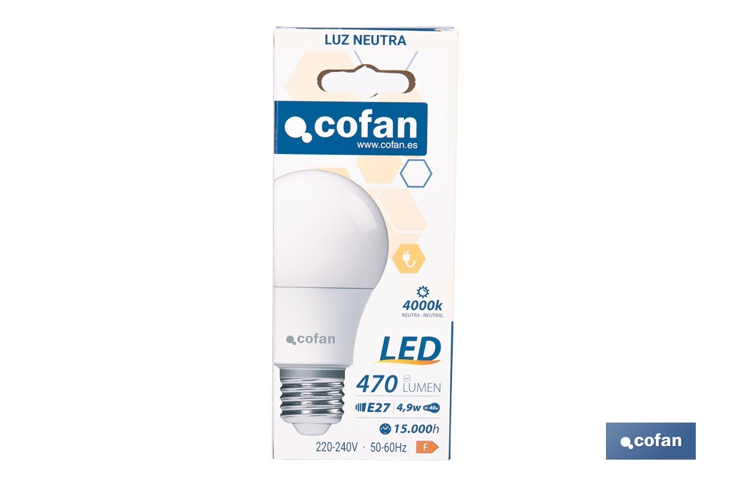 Bombillas LED classic E27 de luz neutra (4.000 k) | Ahorro de energía y larga duración 15.000 h de vida | Ángulo de apertura de 180° - Cofan