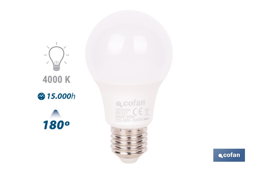 Bombillas LED classic E27 de luz neutra (4.000 k) | Ahorro de energía y larga duración 15.000 h de vida | Ángulo de apertura de 180° - Cofan