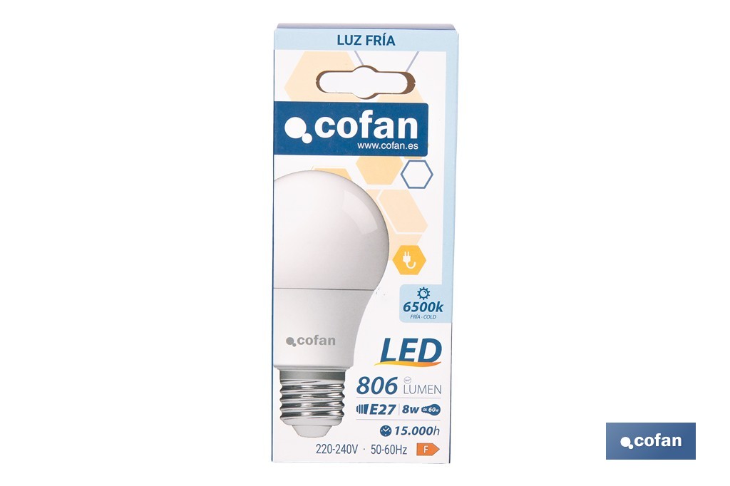 Bombillas LED classic E27 de luz fría (6500 K) | Ahorro de energía y larga duración 15.000 h de vida | Ángulo de apertura de 180° - Cofan