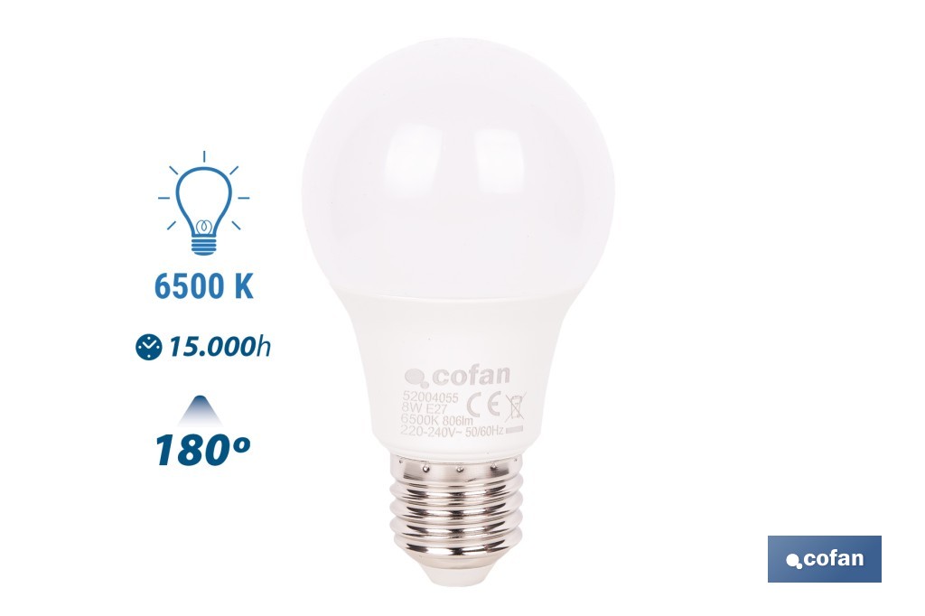 Bombillas LED classic E27 de luz fría (6500 K) | Ahorro de energía y larga duración 15.000 h de vida | Ángulo de apertura de 180° - Cofan