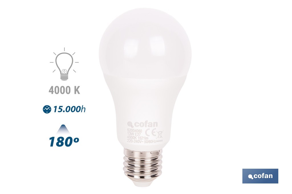 Bombillas LED classic E27 de luz neutra (4.000 k) | Ahorro de energía y larga duración 15.000 h de vida | Ángulo de apertura de 180° - Cofan