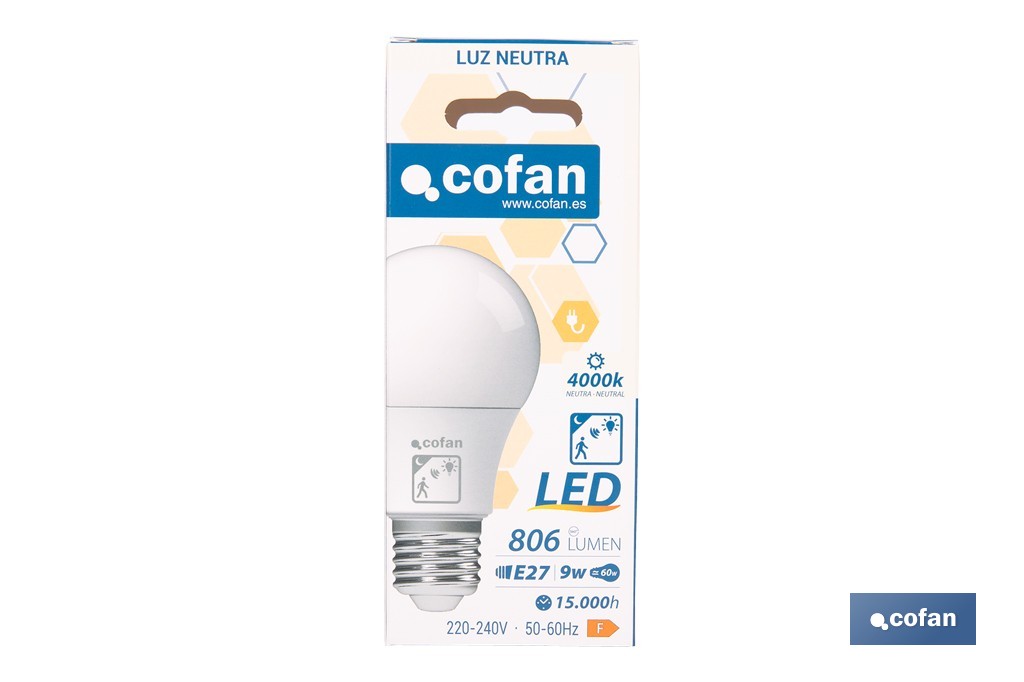 Bombilla LED Classic con sensor | Luz neutra (4000 K) con boquilla E27, 9 W y 806 lúmenes | Detector de movimiento y larga duración 15.000 h de vida - Cofan