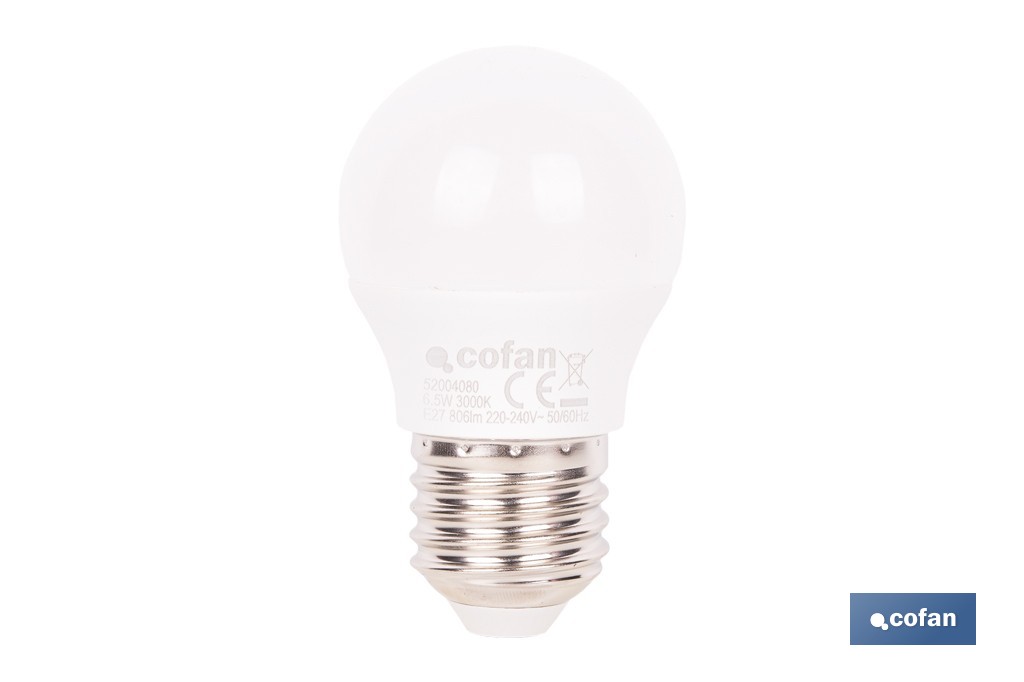 Bombillas LED esférica E27 6,5 W 806 lúmenes | Ahorro de energía y larga duración 15.000 h de vida | Disponibles en 2 temperaturas de color - Cofan