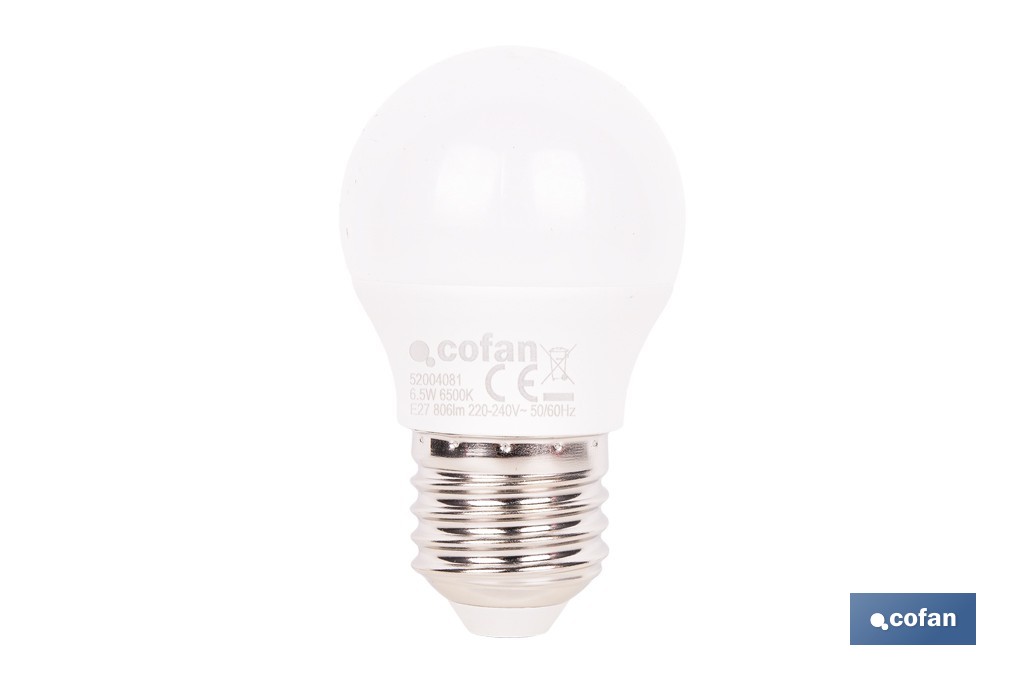Bombillas LED esférica E27 6,5 W 806 lúmenes | Ahorro de energía y larga duración 15.000 h de vida | Disponibles en 2 temperaturas de color - Cofan