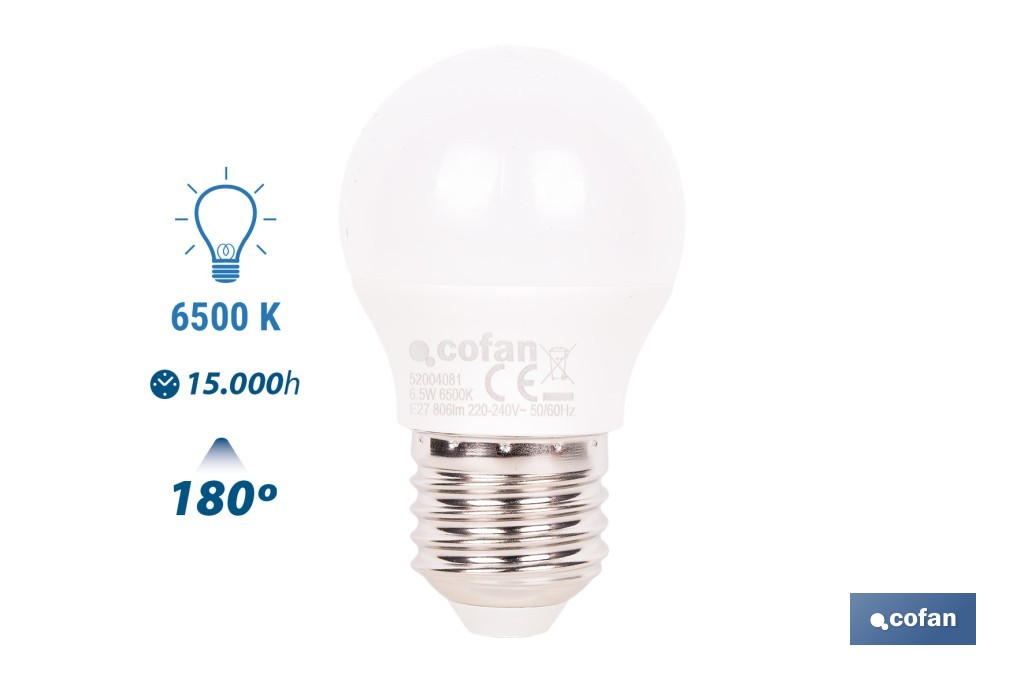 Bombillas LED esférica E27 6,5 W 806 lúmenes | Ahorro de energía y larga duración 15.000 h de vida | Disponibles en 2 temperaturas de color - Cofan